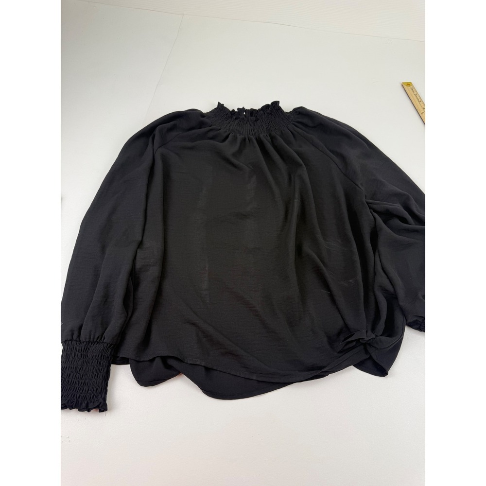 Nine West Womens XL‎ Black Smocked Mock Neck Balloon Sleeve Side Tie Blouse Top